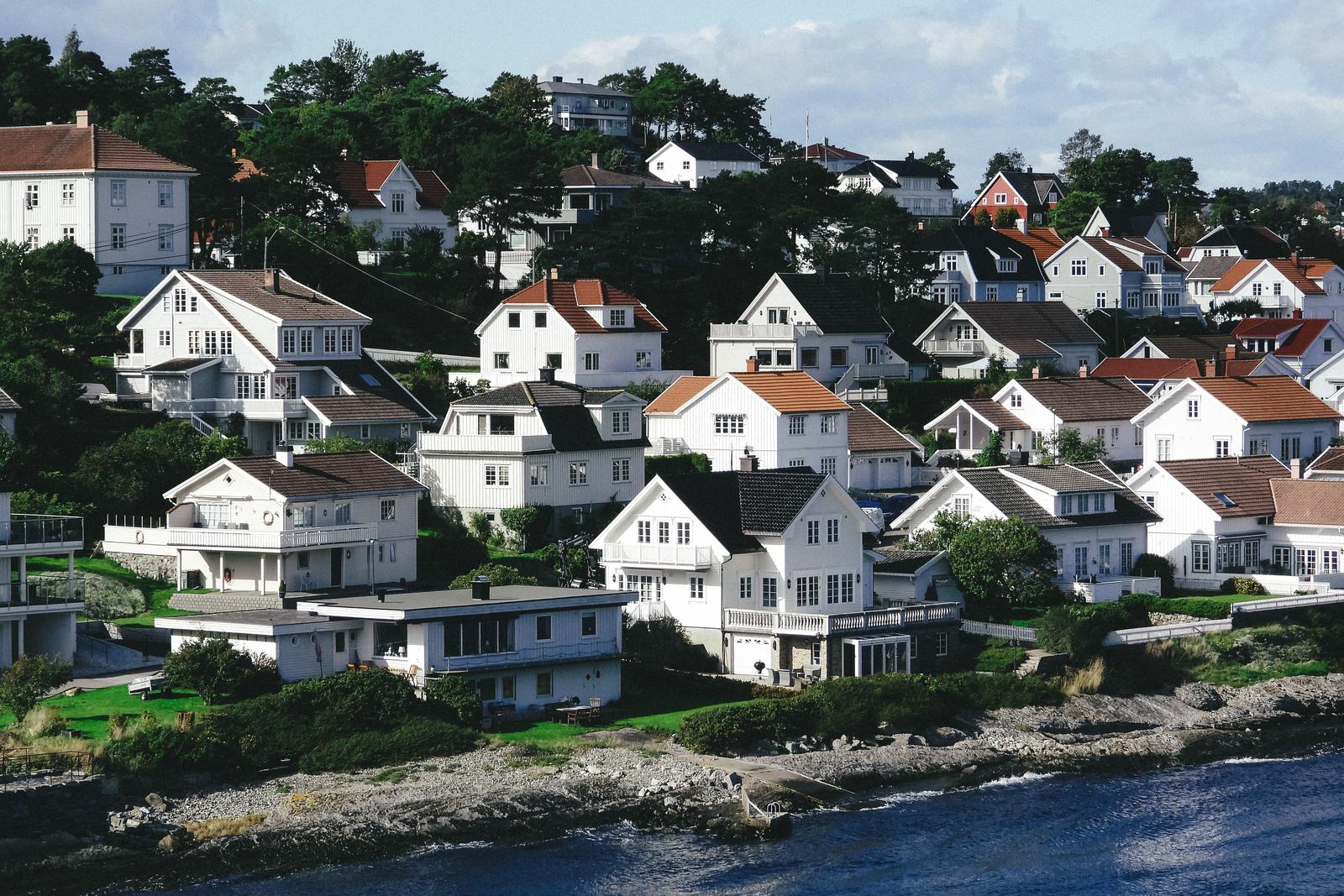 An aerial view of a coastal residential neighborhood